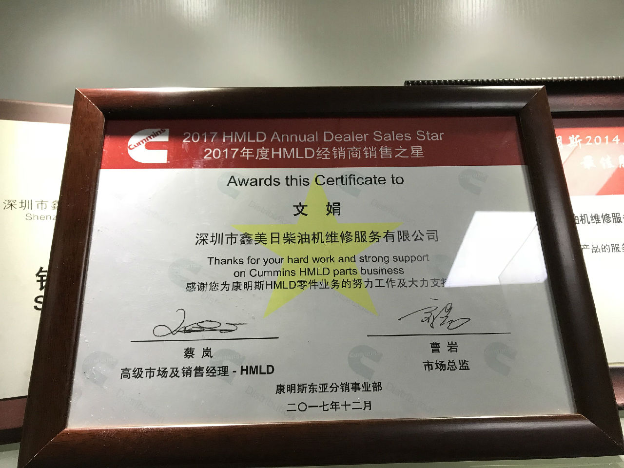 2017年度HMLD 經(jīng)銷(xiāo)商銷(xiāo)售之星 文娟_c